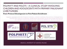 Slajd prezentacji, przedstawia tytuł wystąpienia: „POLPHITT and POLSTS – A Clinical Study Involving Children and Adolescents with Primary Malignant Liver Tumors: From Protocol Development to First Patient Enrollment" oraz loga GUMed, ABM, badań POLPHITT i POLSTS